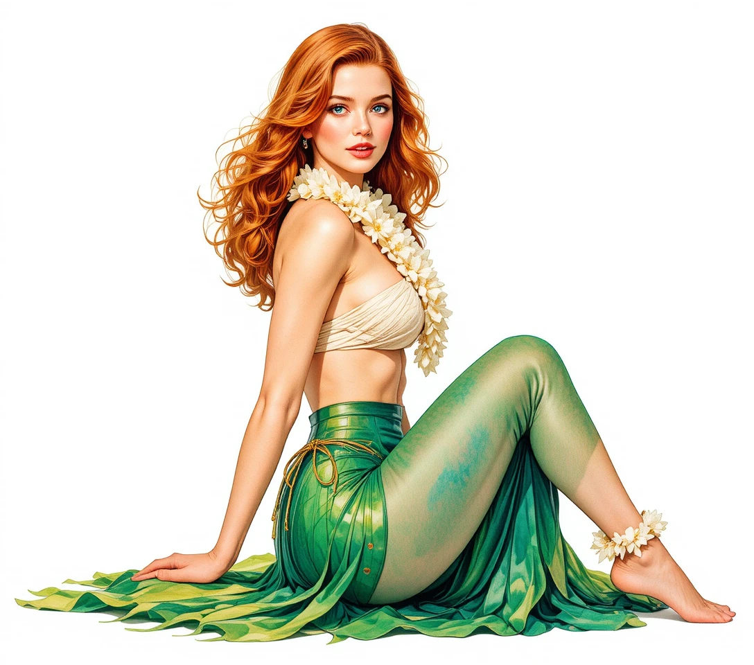 Uma pin-up sentada com uma saia de capim verde esvoaçante
