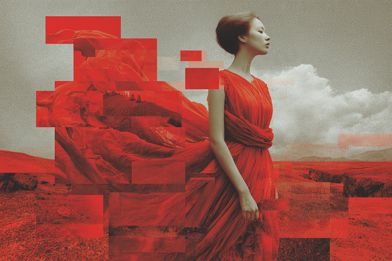 Uma mulher europeia se dissolve em um borrão pixelado surreal