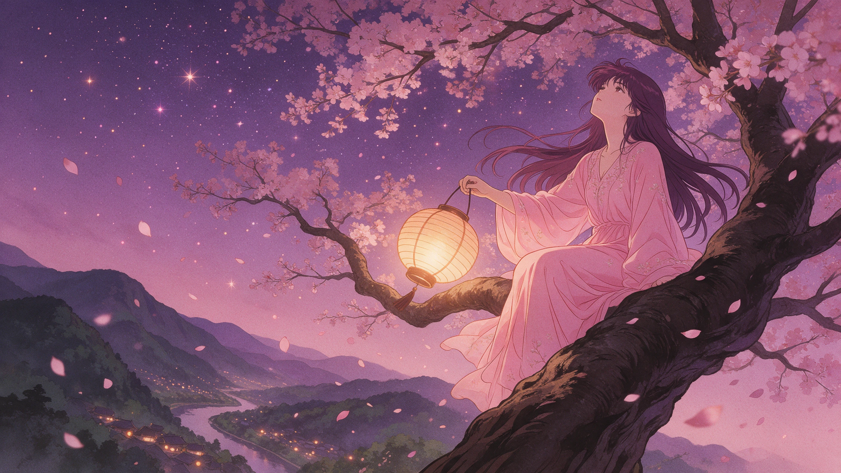 桜の花と星空の下でランタンを持つ若い女性