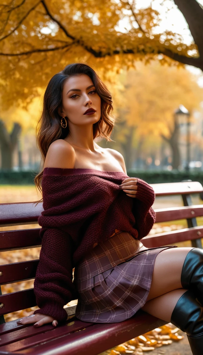 Uma mulher num banco de jardim entre folhas de outono a cair