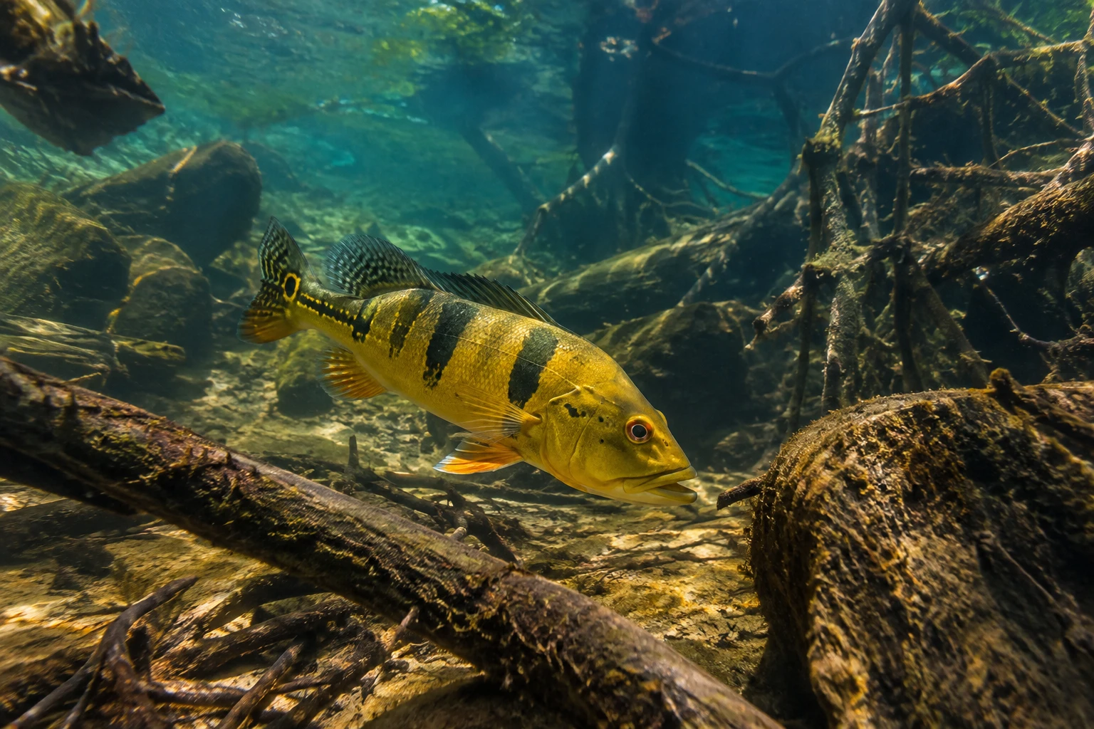 Un poisson-paon nage au-dessus du lit de la rivière parmi des obstacles subaquatiques épars