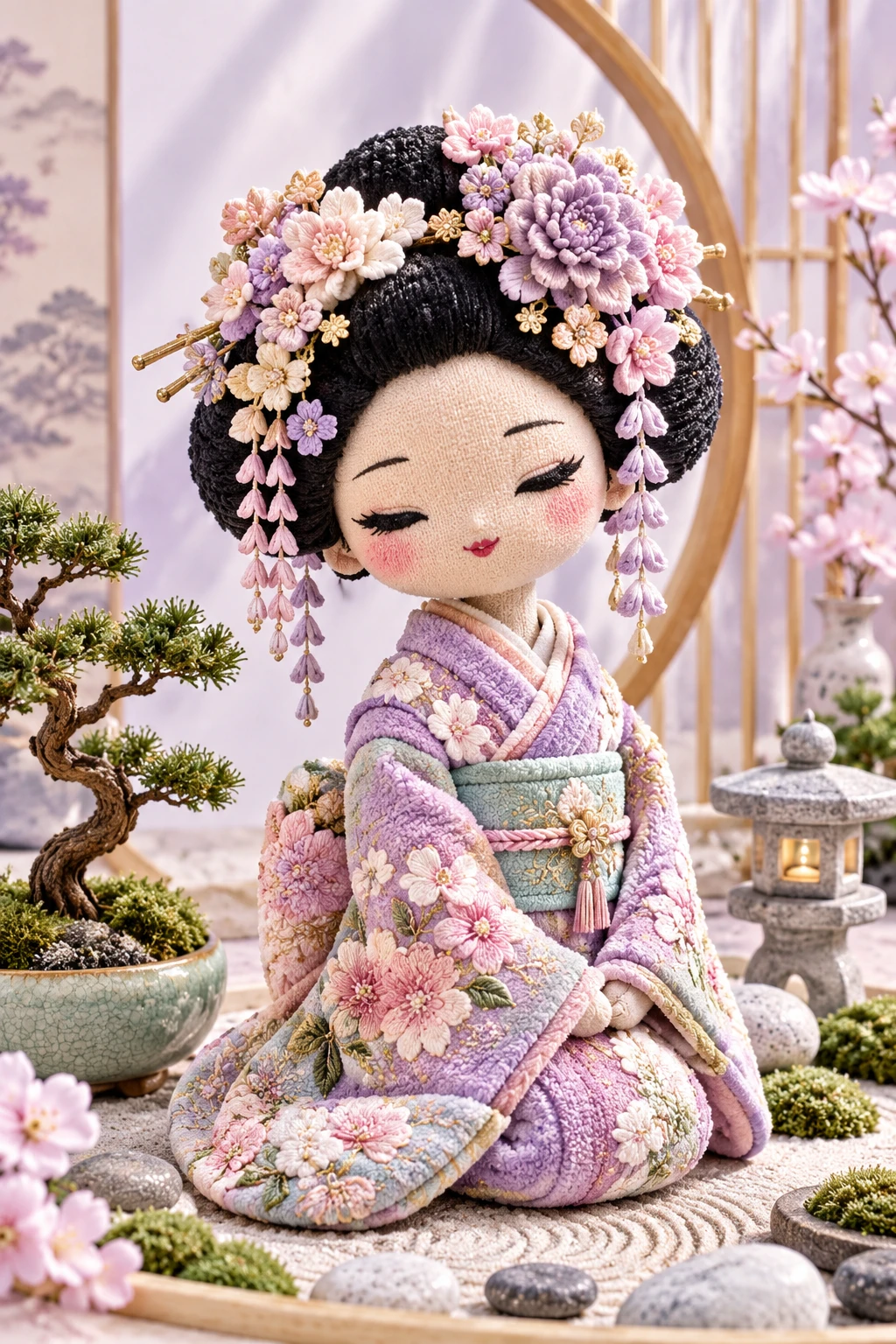 Boneca gueixa de chenille com quimono bordado e enfeites florais no cabelo