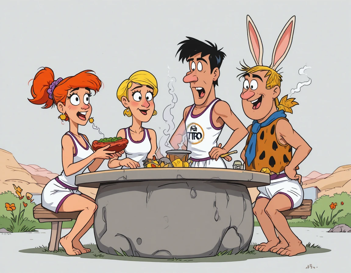 Animated cavemen share a comical picnic around a stone table