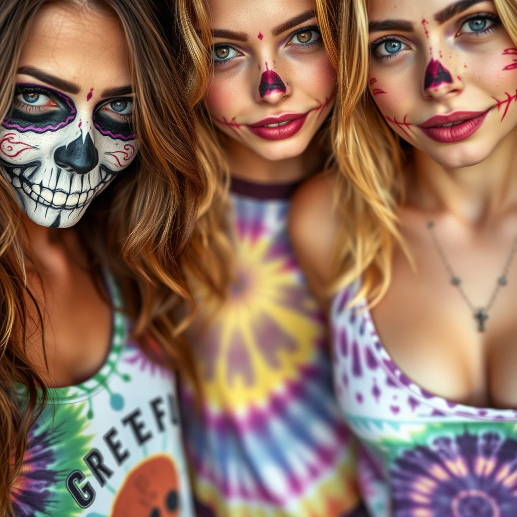 Jovens mulheres usam roupas tie-dye em retratos em close-up do Dia dos Mortos