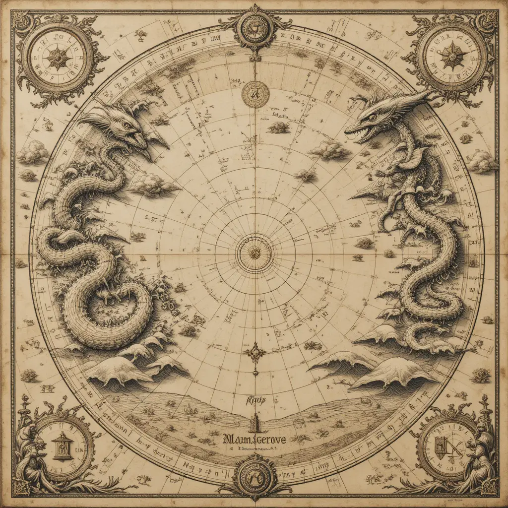 Antique nautical chart with mythical sea creatures and golden zodiac constellations