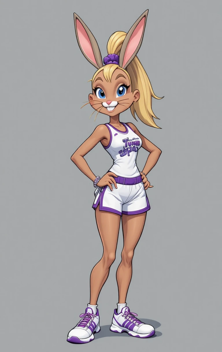 Lola Bunny posa com confiança usando um uniforme clássico de basquete do Tune Squad