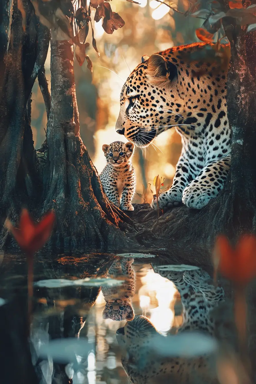 Un leopardo e il suo cucciolo condividono un momento tranquillo accanto a uno stagno nel bosco