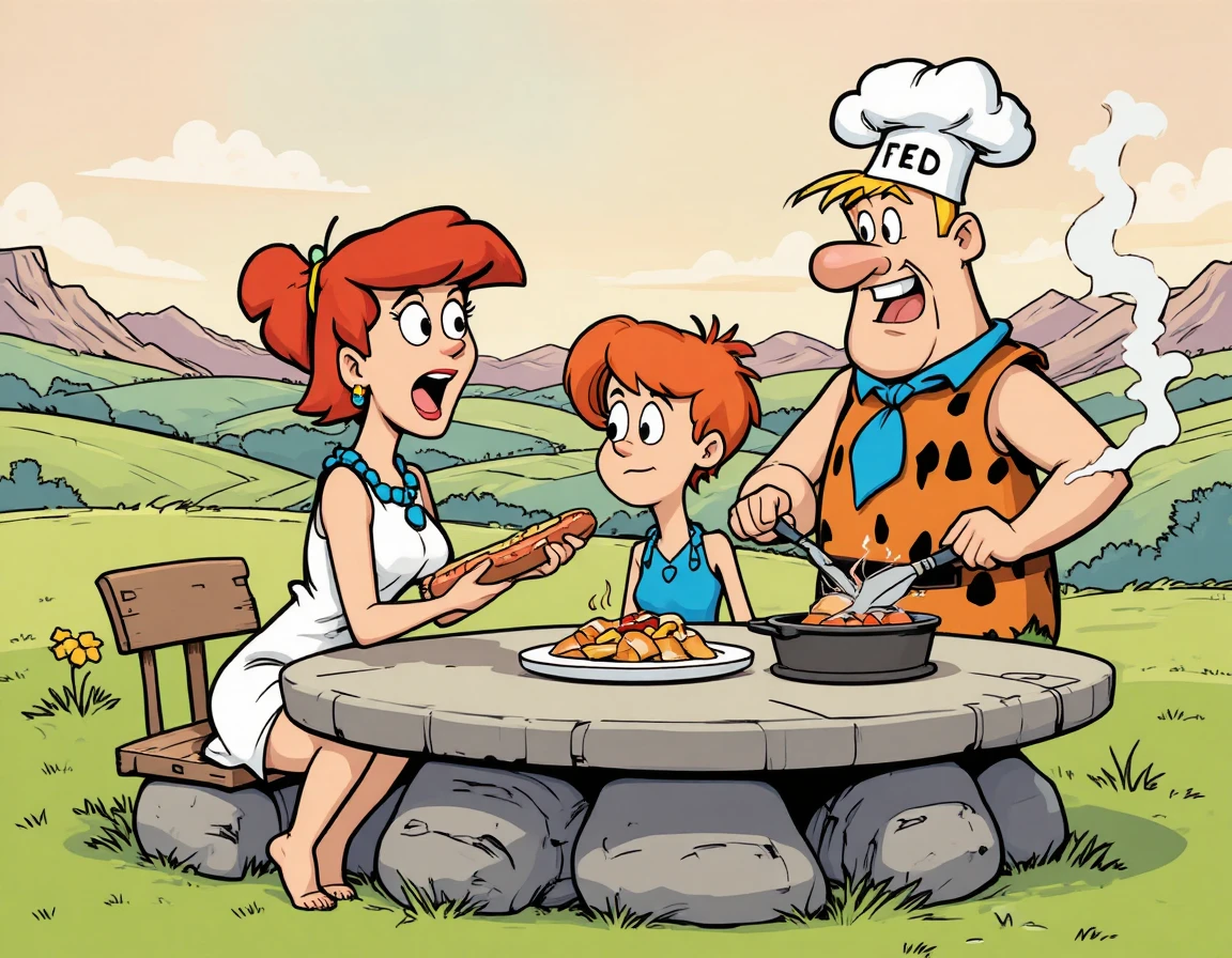 Vier Cartoonfiguren erleben ein humorvolles Picknick im Freien an einem Steintisch