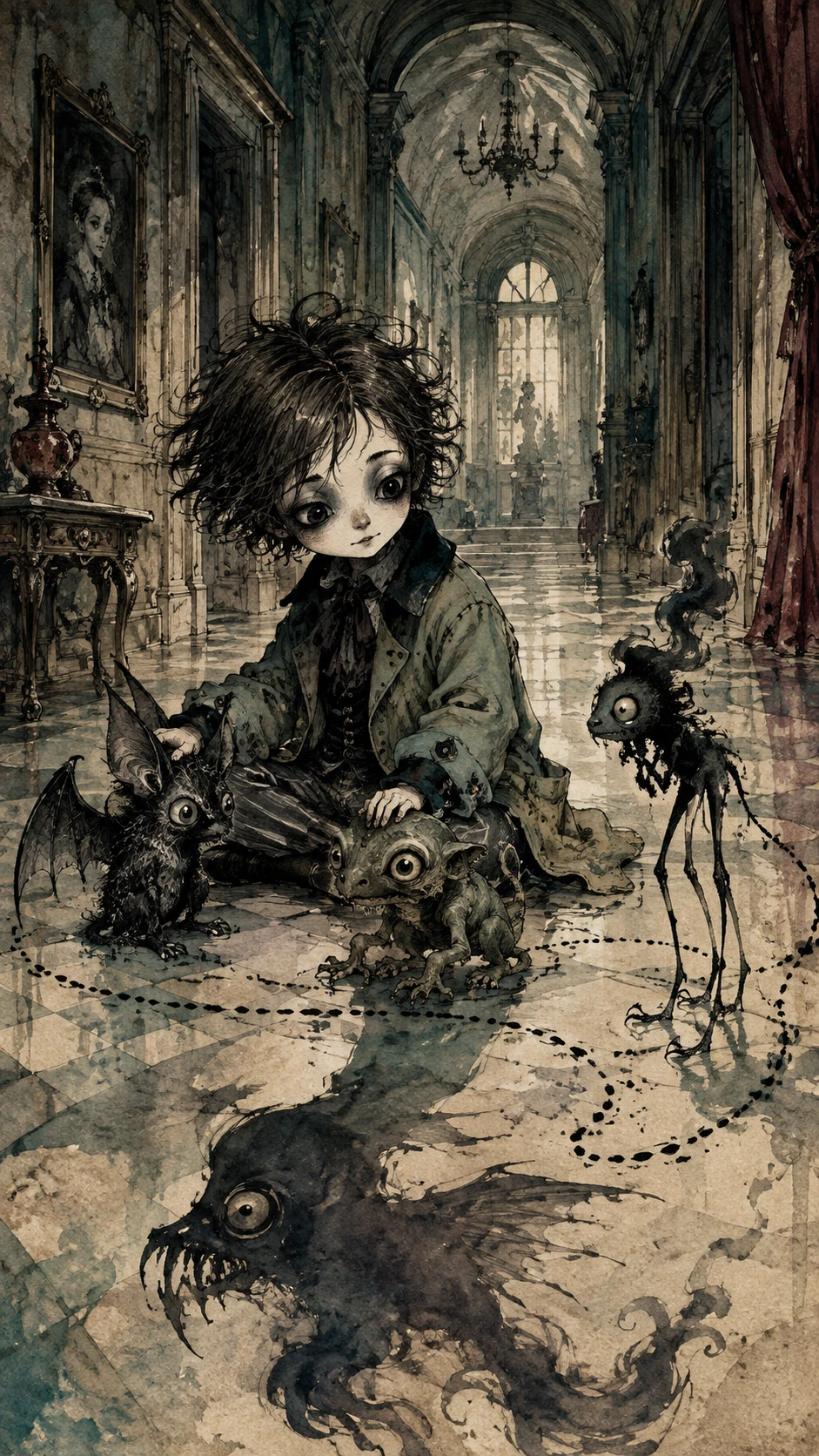 A gothic child sits quietly among three strange miniature creatures