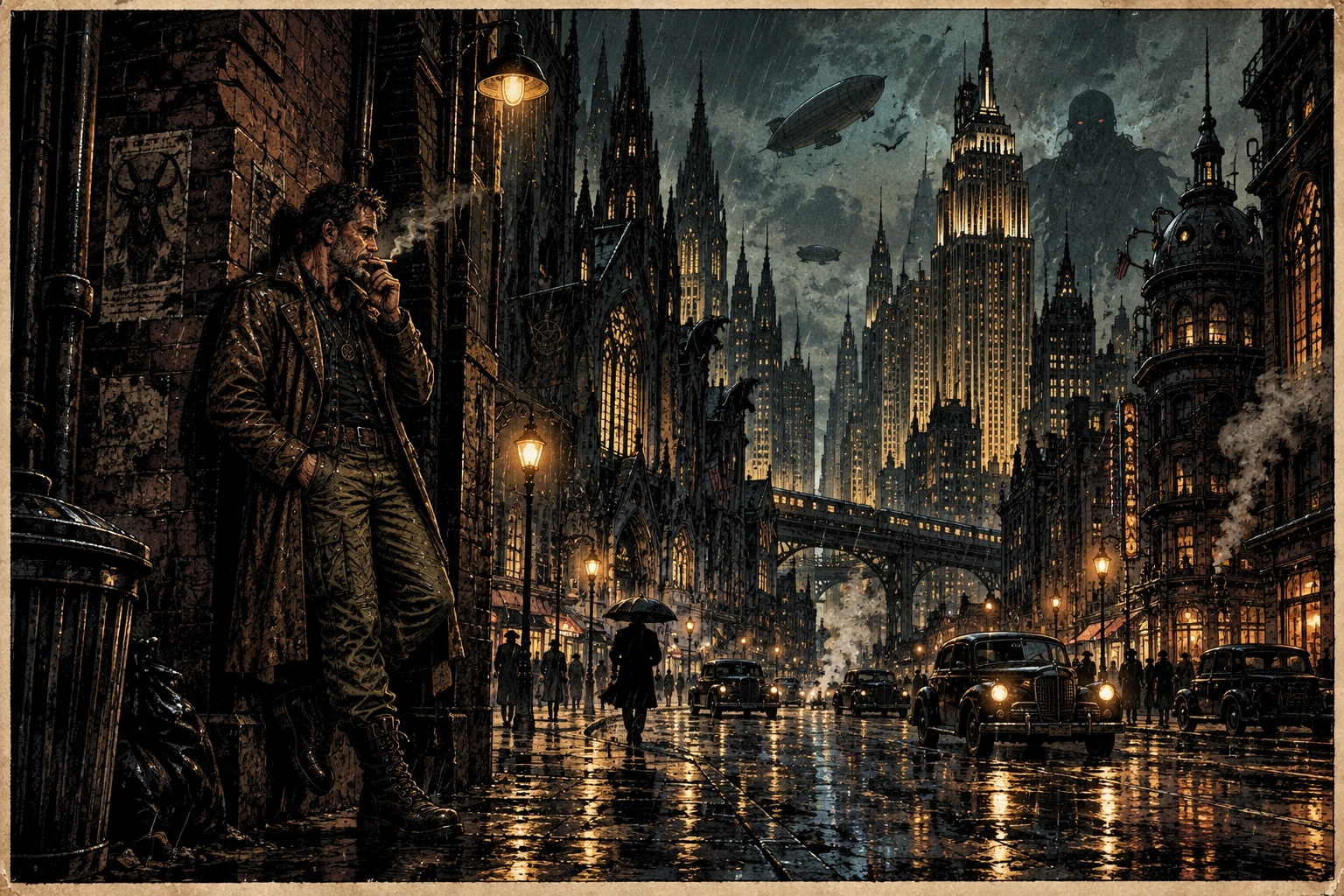 A character smokes at an alley entrance on a rainy night