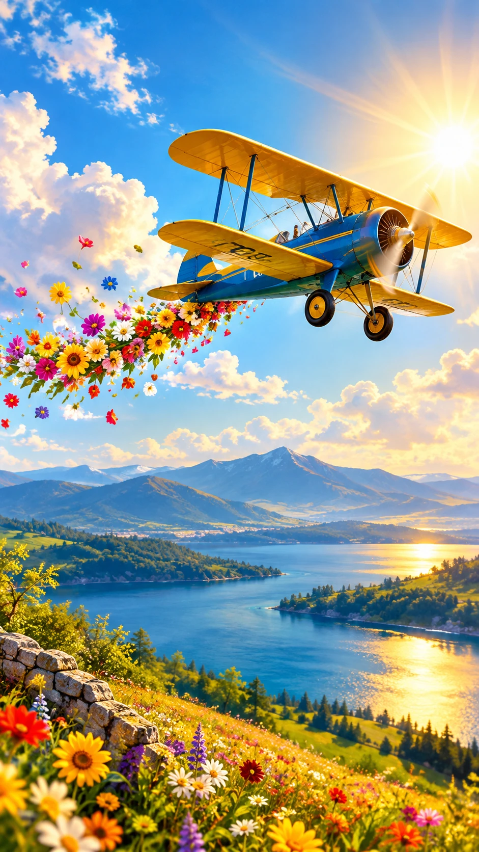 Un avion vintage sous un soleil éclatant, à l’ambiance joyeuse et chaleureuse
