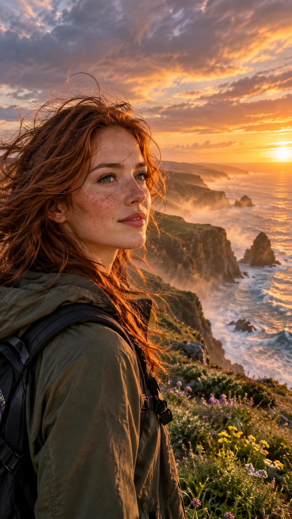 Uma jovem com sardas contempla o mar de um penhasco costeiro