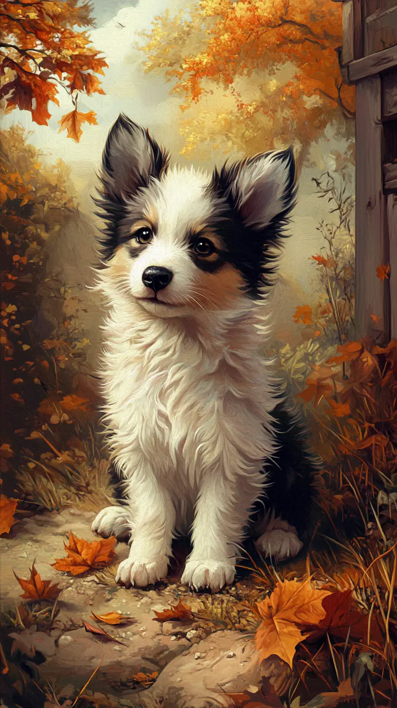 夢のような秋のファンタジー世界にいる子犬
