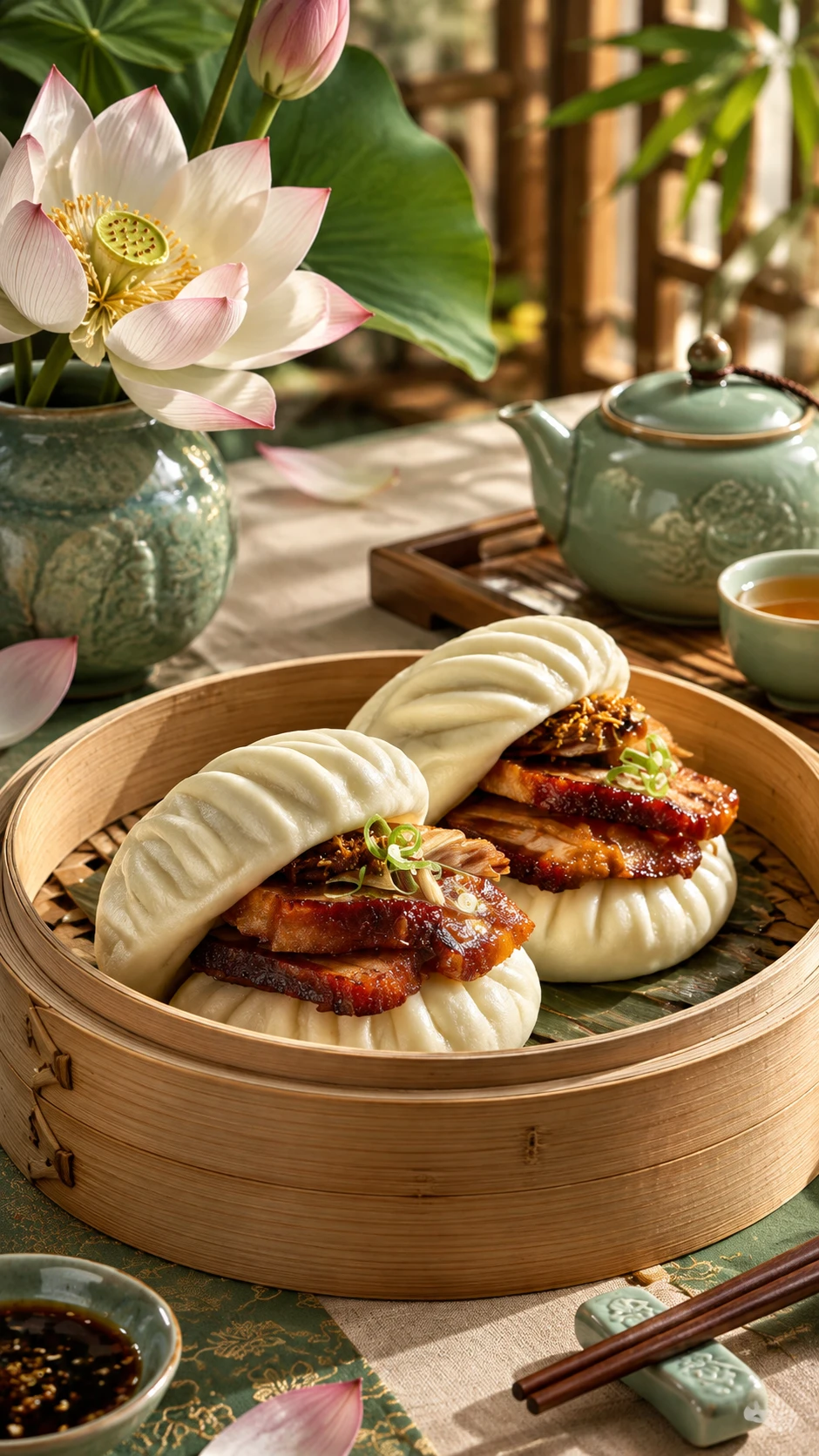 Leaf-shaped steamed bun filled with glossy braised pork belly