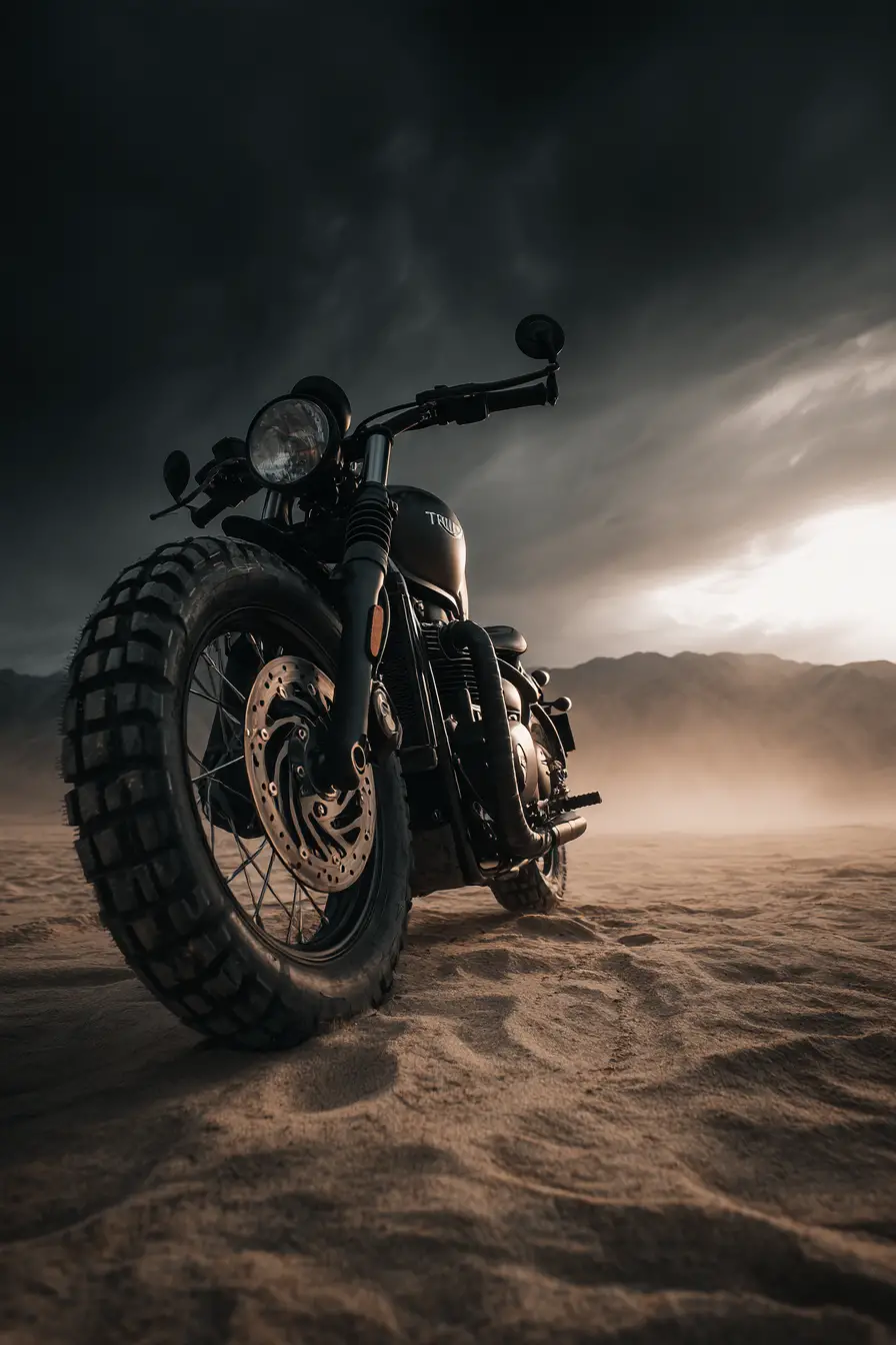 客製化 Triumph Bobber 重機停在沙漠沙地上，籠罩於烏雲之下