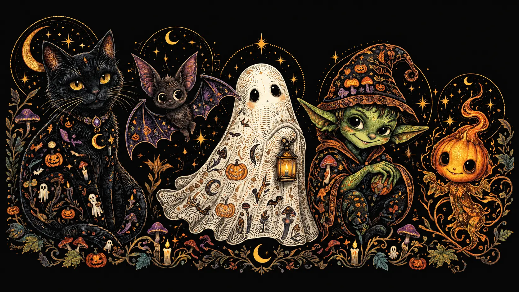 Five Halloween Familiars in an Intricate Etched Character Lineup
