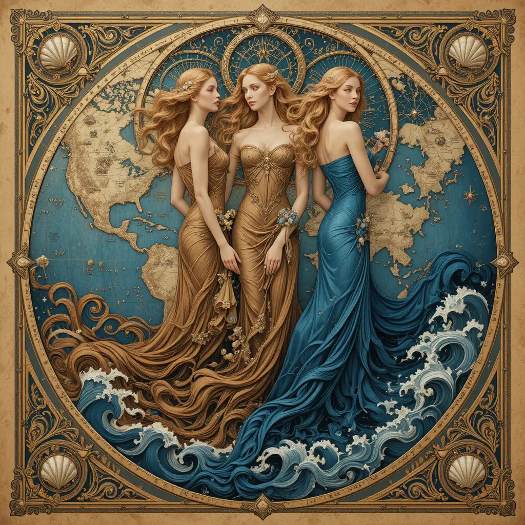 An art nouveau map with coastlines flowing into celestial goddesses