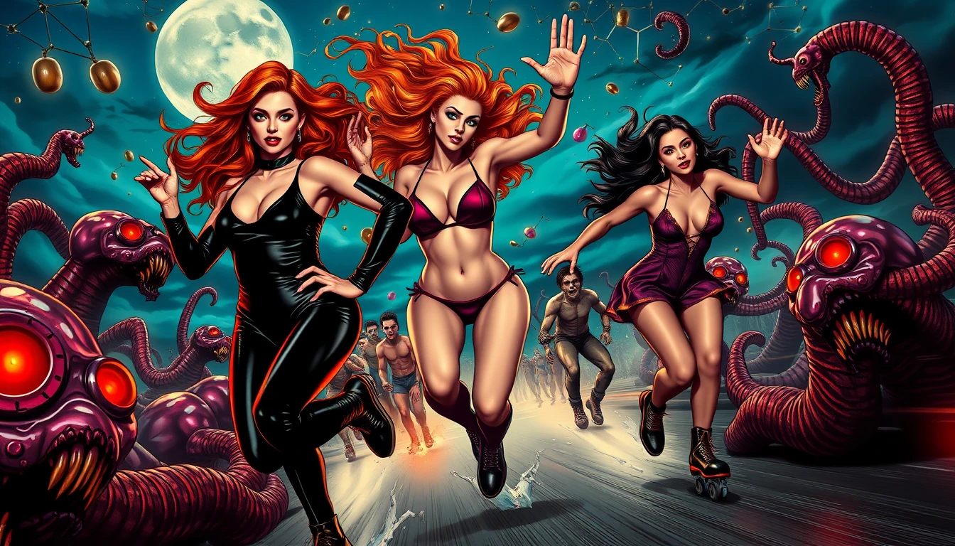 Três mulheres surreais fogem de enormes massas de chiclete mutante em um caos de quadrinhos