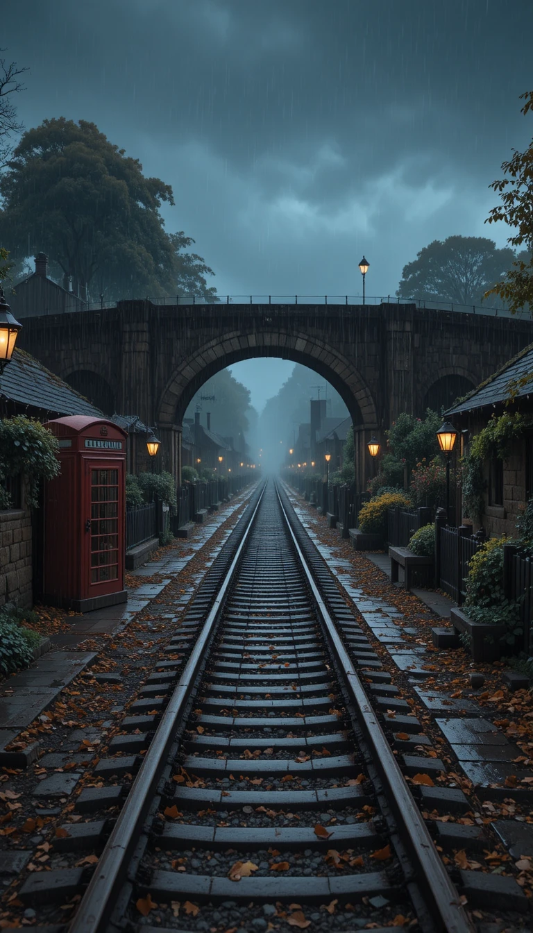 秋の夕暮れ、英国の伝統的な田舎町を走る雨の鉄道