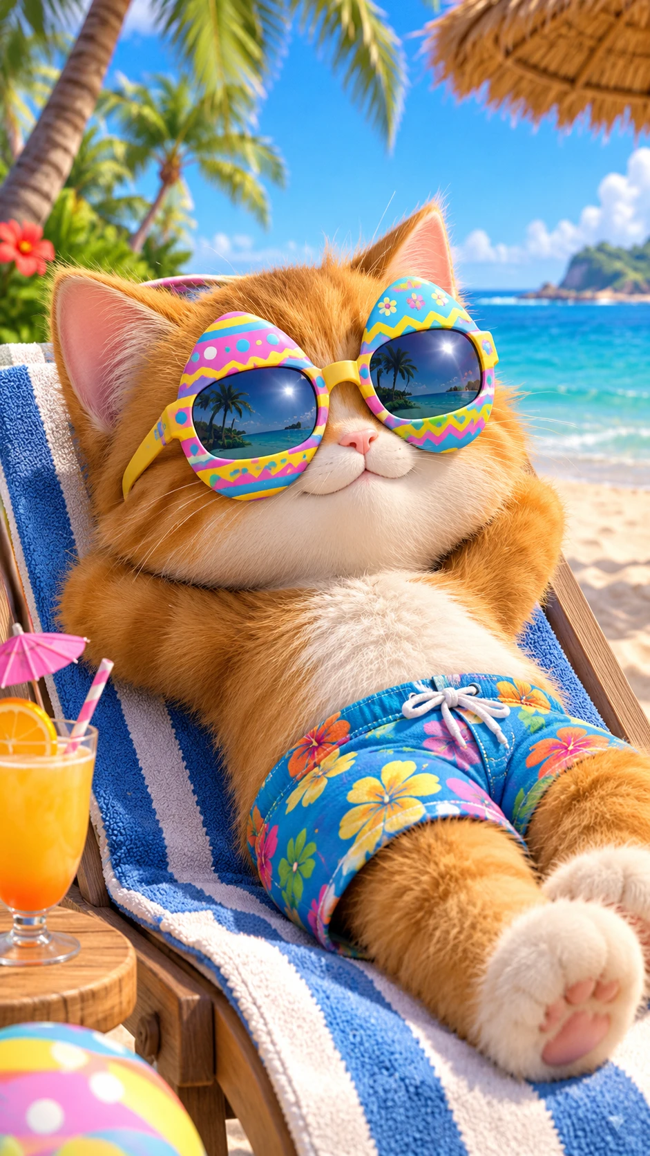 Un chaton tout doux prend un bain de soleil sur une plage tropicale avec des lunettes de soleil colorées en forme d’œuf