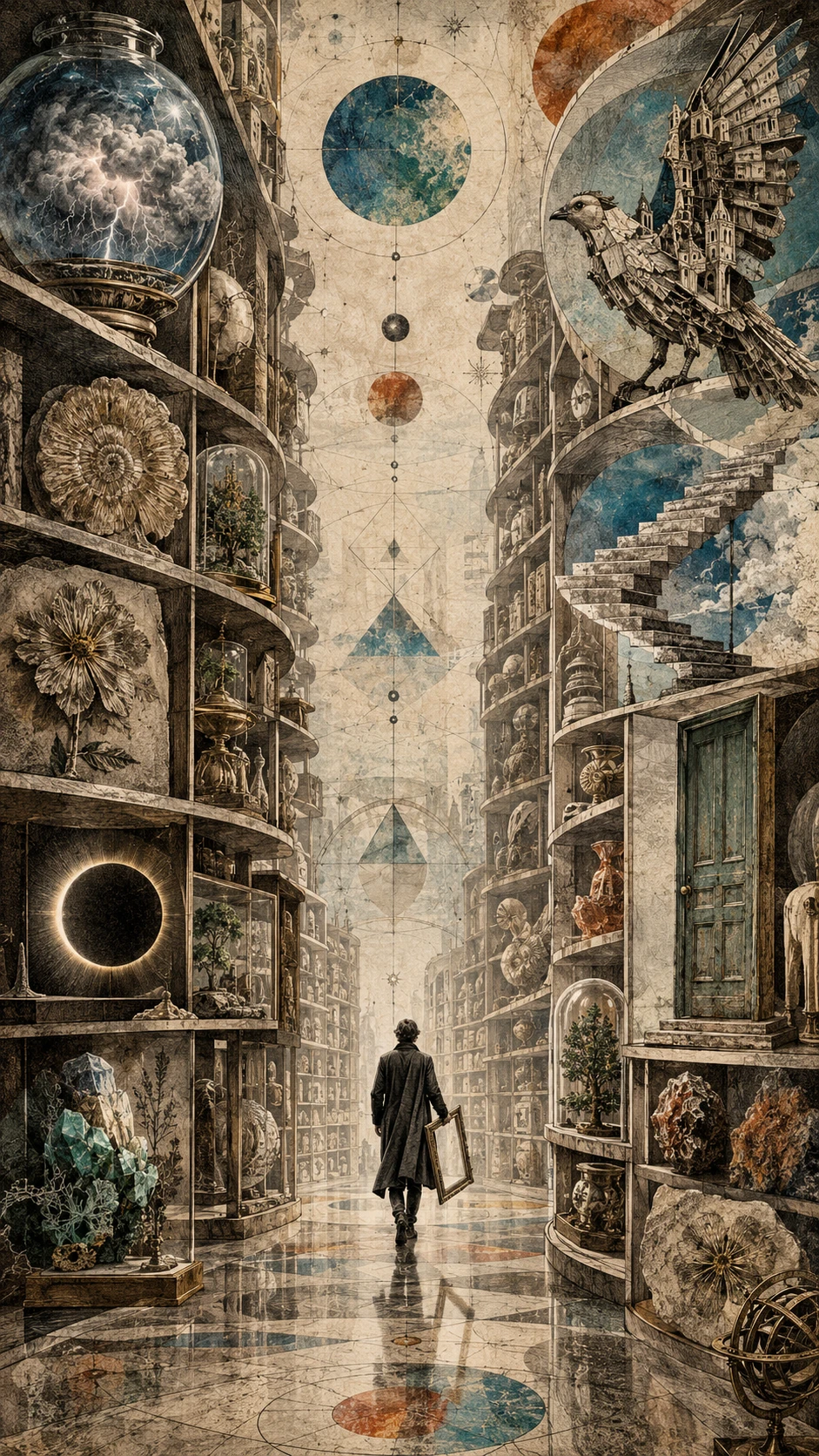 Uma biblioteca surreal com objetos estranhos nas prateleiras