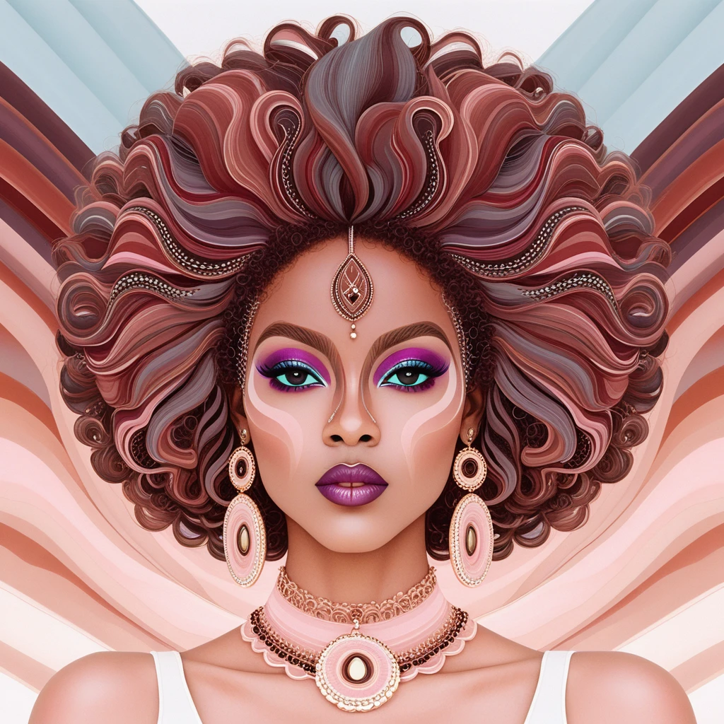 Uma mulher negra com um afro colorido e joias prateadas elaboradas