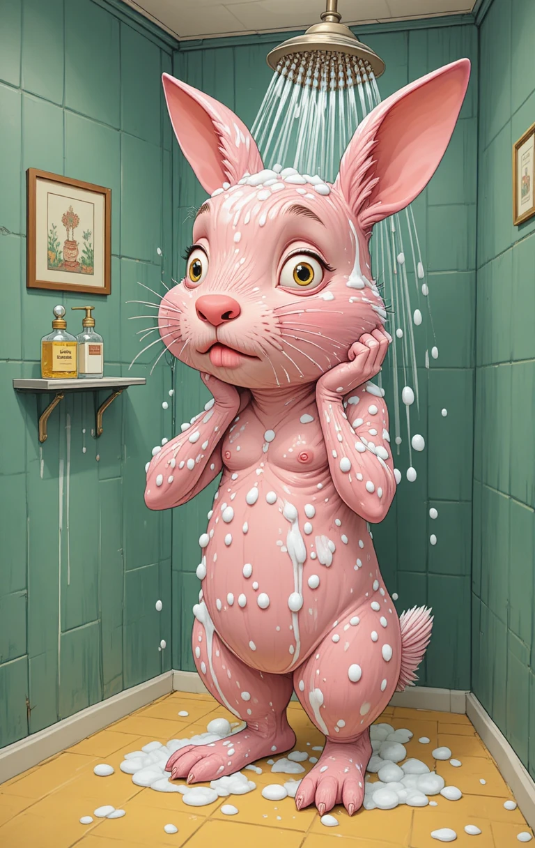 Un lapin rose prend une douche pleine de bulles dans une salle de bains carrelée