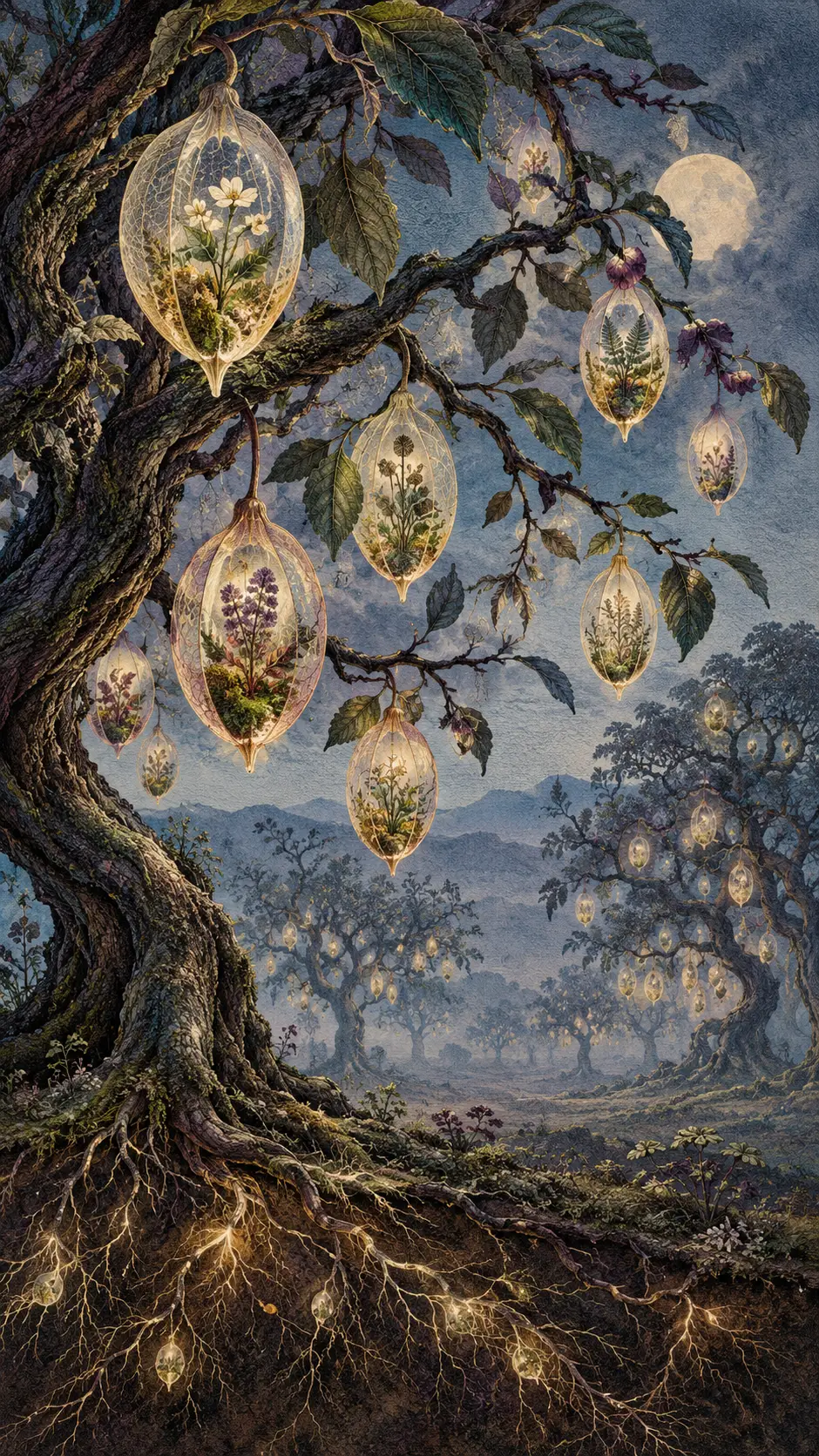Glowing seedpods hang like lanterns in a twilight orchard