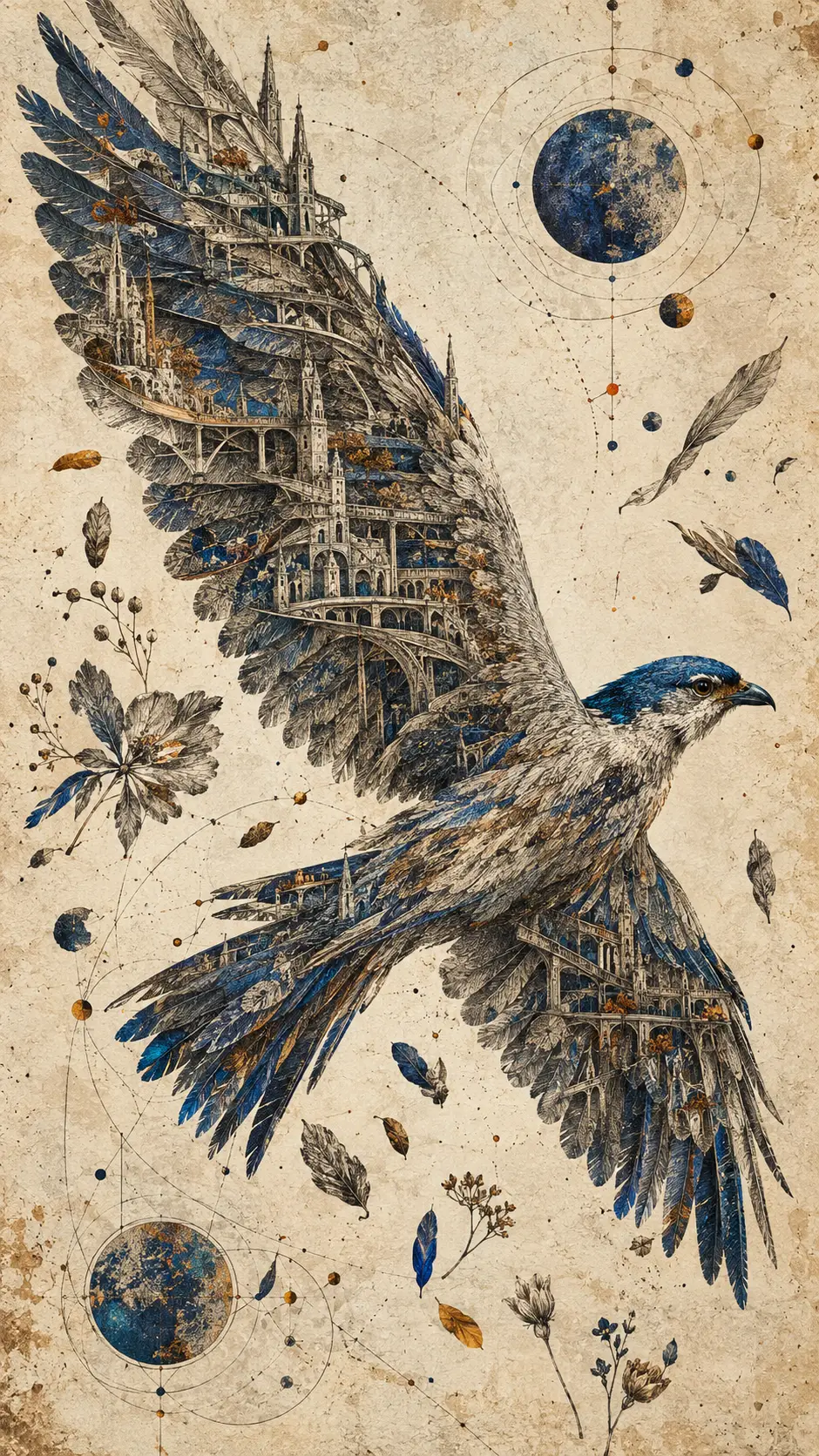 An engraved bird with architectural feathers crosses an empty field