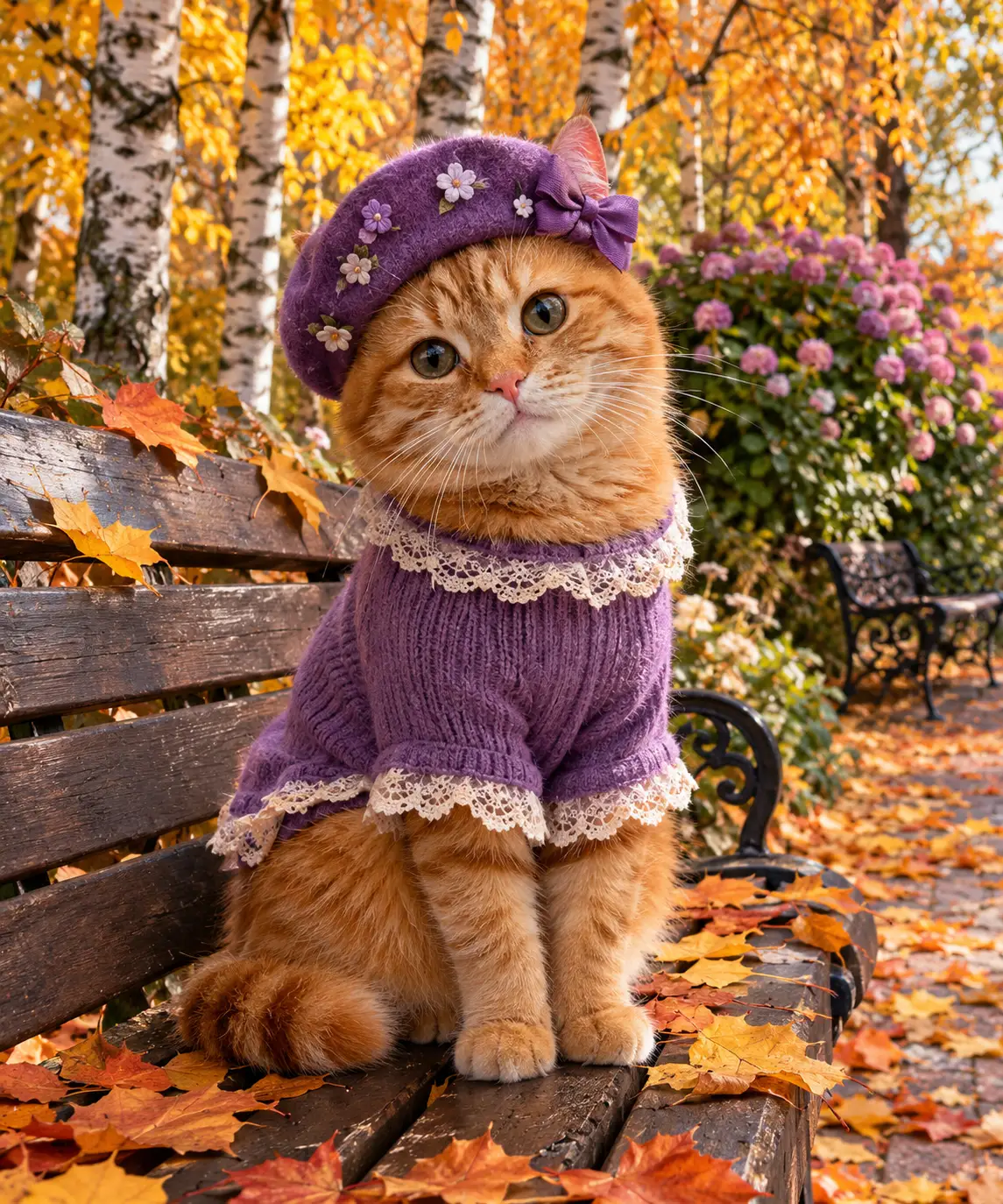 Getigerte orange Katze sitzt mit violettem Pullover und Baskenmütze auf einer Bank