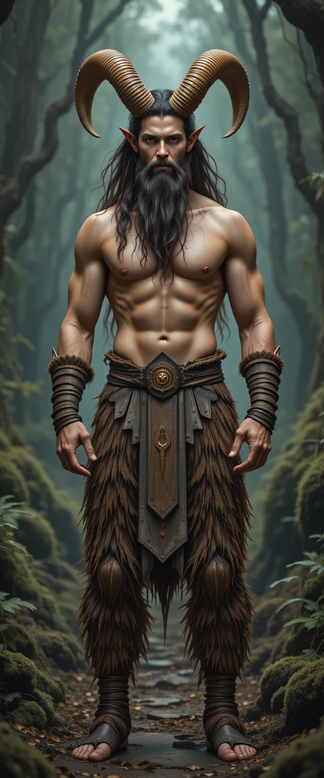 Pan, the horned satyr, stands in an enchanted forest