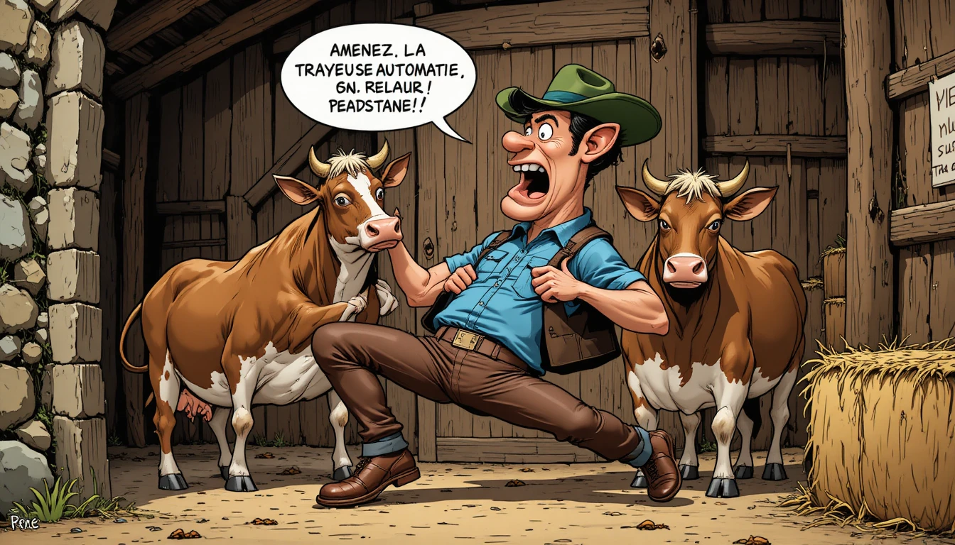 Des vaches de dessin animé plaquent un homme paniqué dans une grange rustique