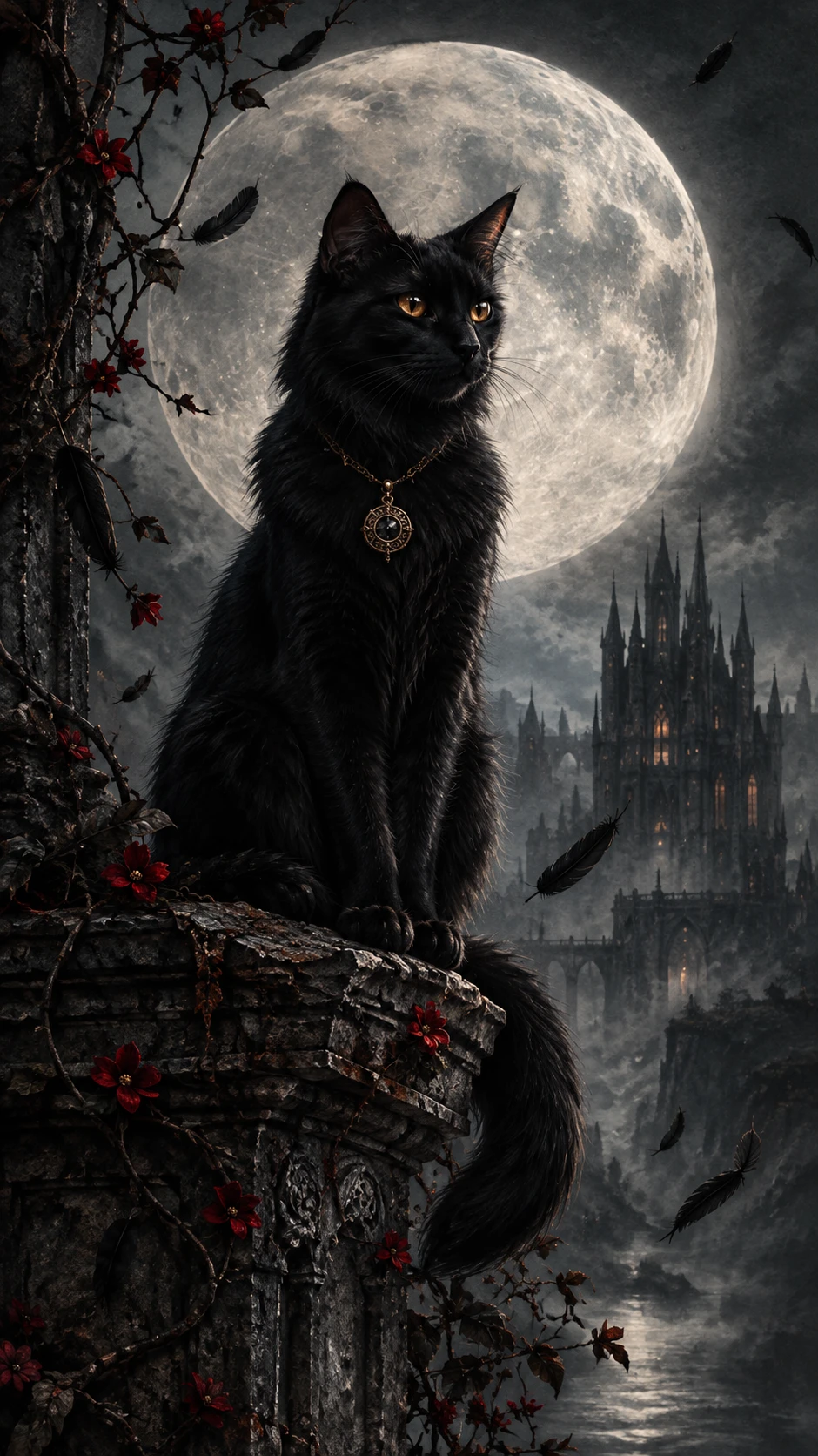 Um majestoso gato preto senta-se num monumento antigo sob a lua cheia