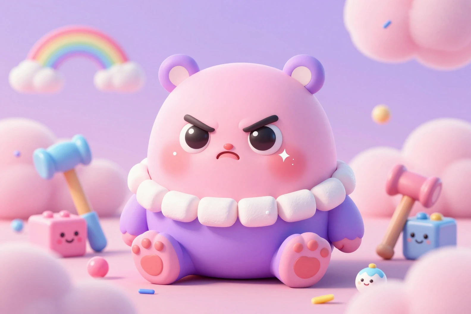Um monstro rosa rechonchudo sentado entre nuvens de algodão-doce de sonho
