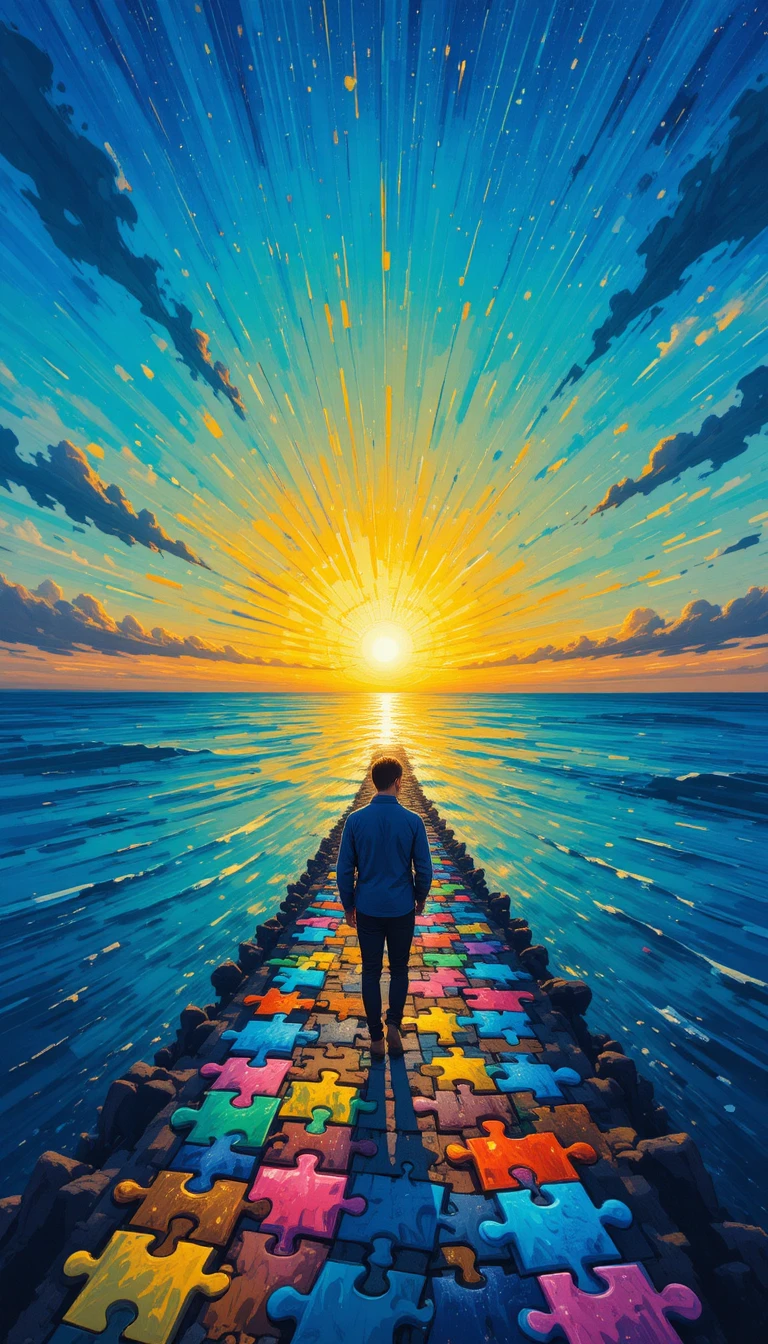 Um homem sereno e determinado com uma peça de puzzle ao fundo