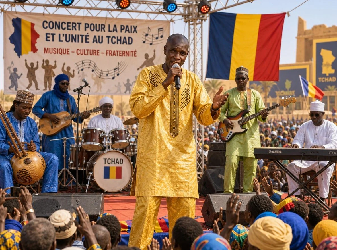Un cantante si esibisce con musicisti africani a un concerto in Ciad