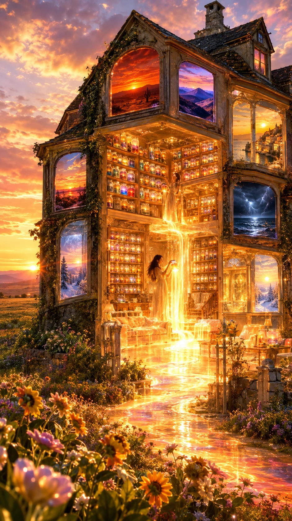 Ein altes Haus steht allein auf einer weiten Wiese, seine Fenster vom Sonnenuntergang erfüllt