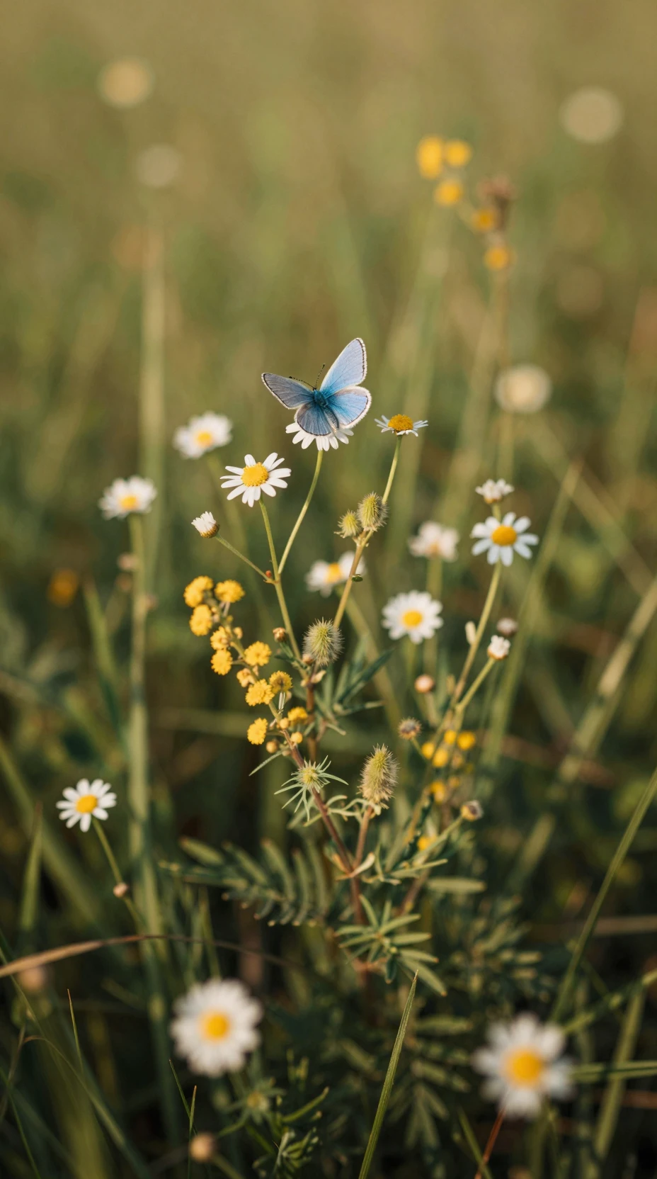 Wilde Mimosen und Gänseblümchen teilen sich eine sonnige Wiese mit einem blauen Schmetterling