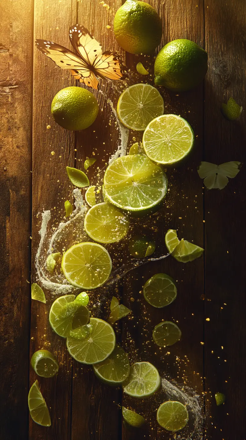 Whole and sliced limes cascade across a rustic wooden surface in a surreal wave