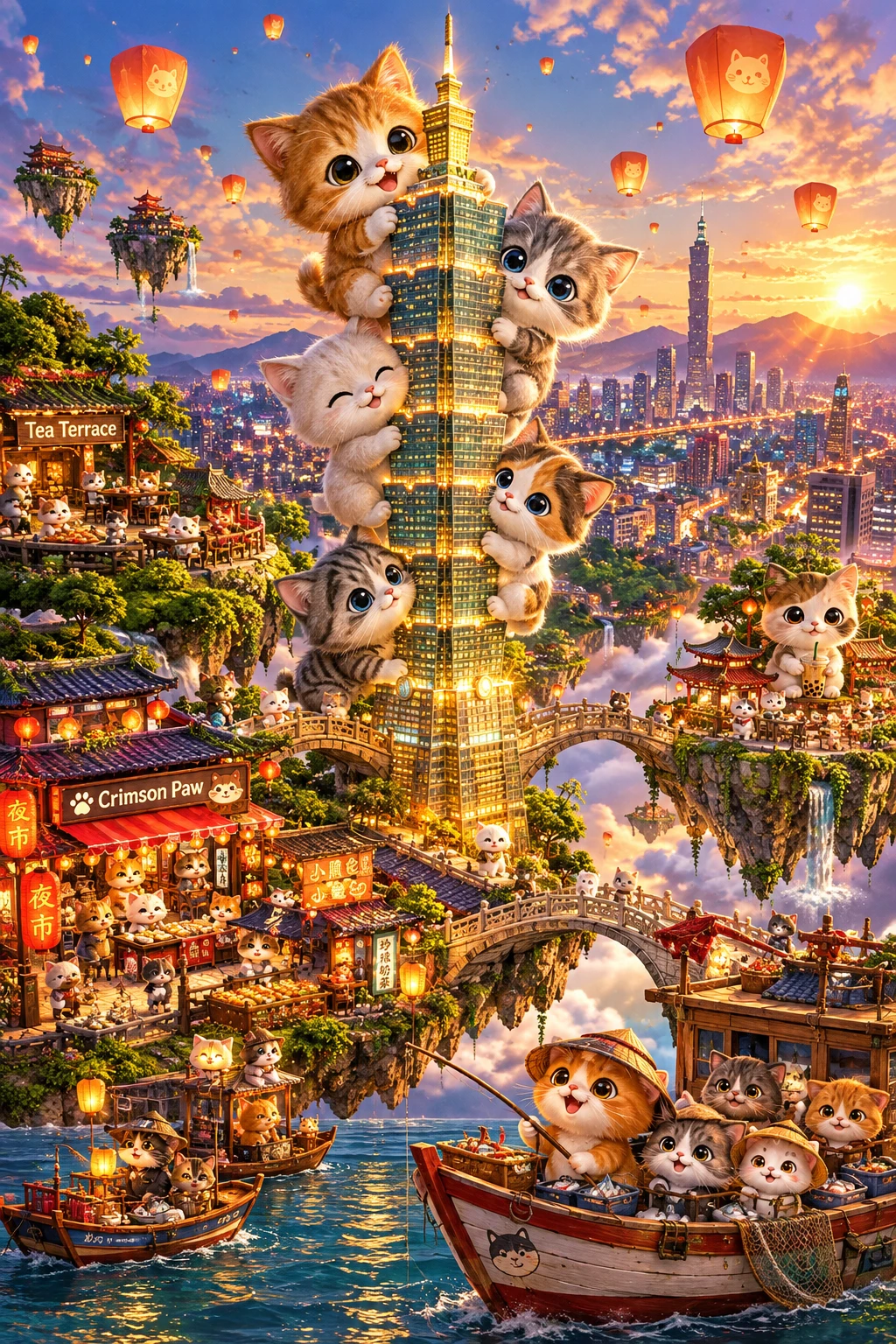 Um paraíso de ilhas flutuantes com uma torre Taipei 101 de vidro brilhante no centro
