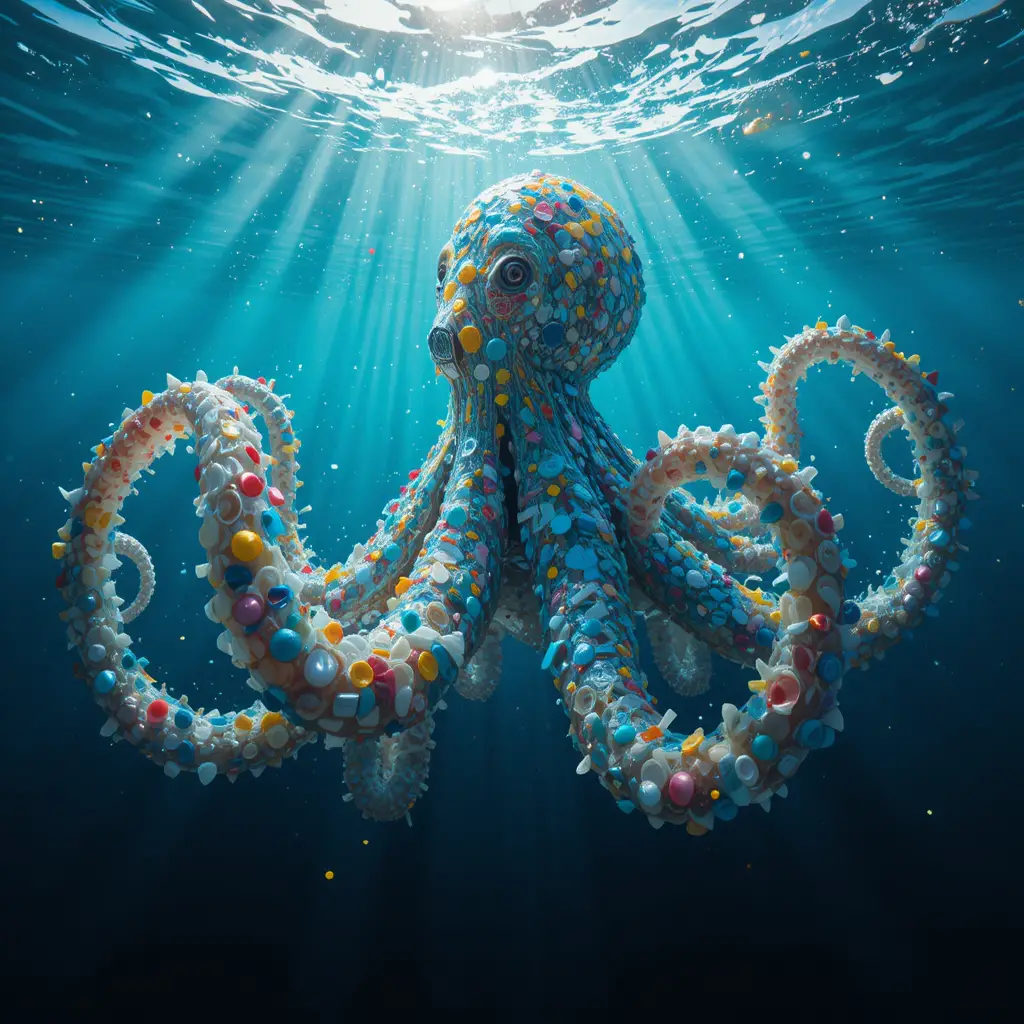 Ein Oktopus aus Plastikmüll treibt durch sonnenbeschienene Meeresgewässer