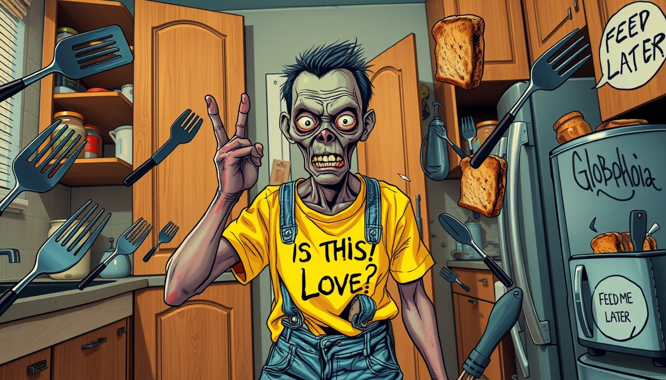 Ein verwirrter vegetarischer Zombie wehrt sich in einer chaotischen Küche gegen rebellische Küchenutensilien