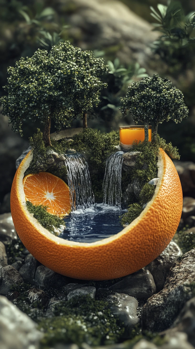 A halved orange becomes a tiny landscape with a waterfall and pond