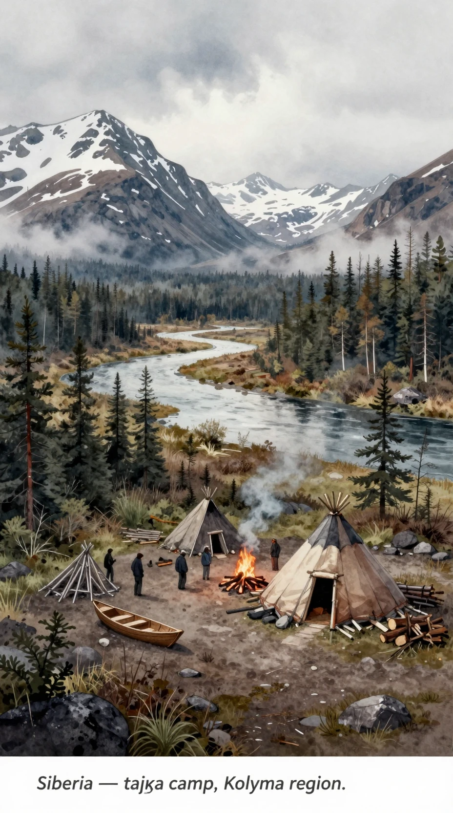 Panorama em aquarela de um acampamento na taiga siberiana junto a cursos d'água sinuosos
