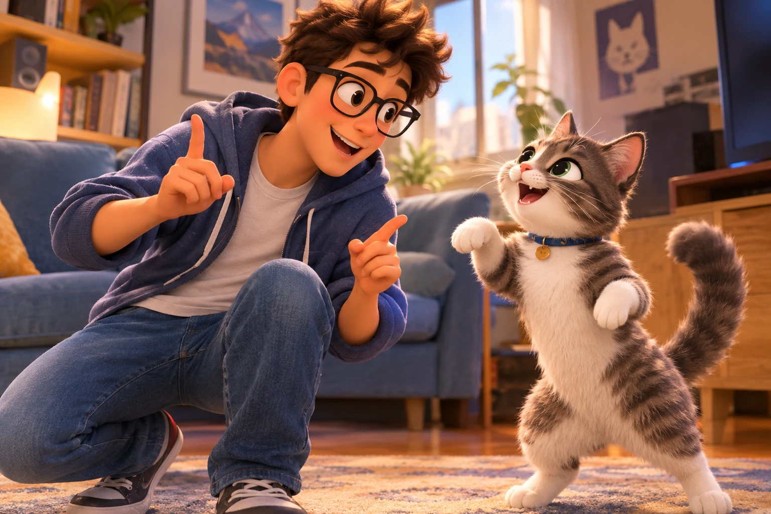 Eine Person mit Brille spricht beim Tanzen mit einer Katze