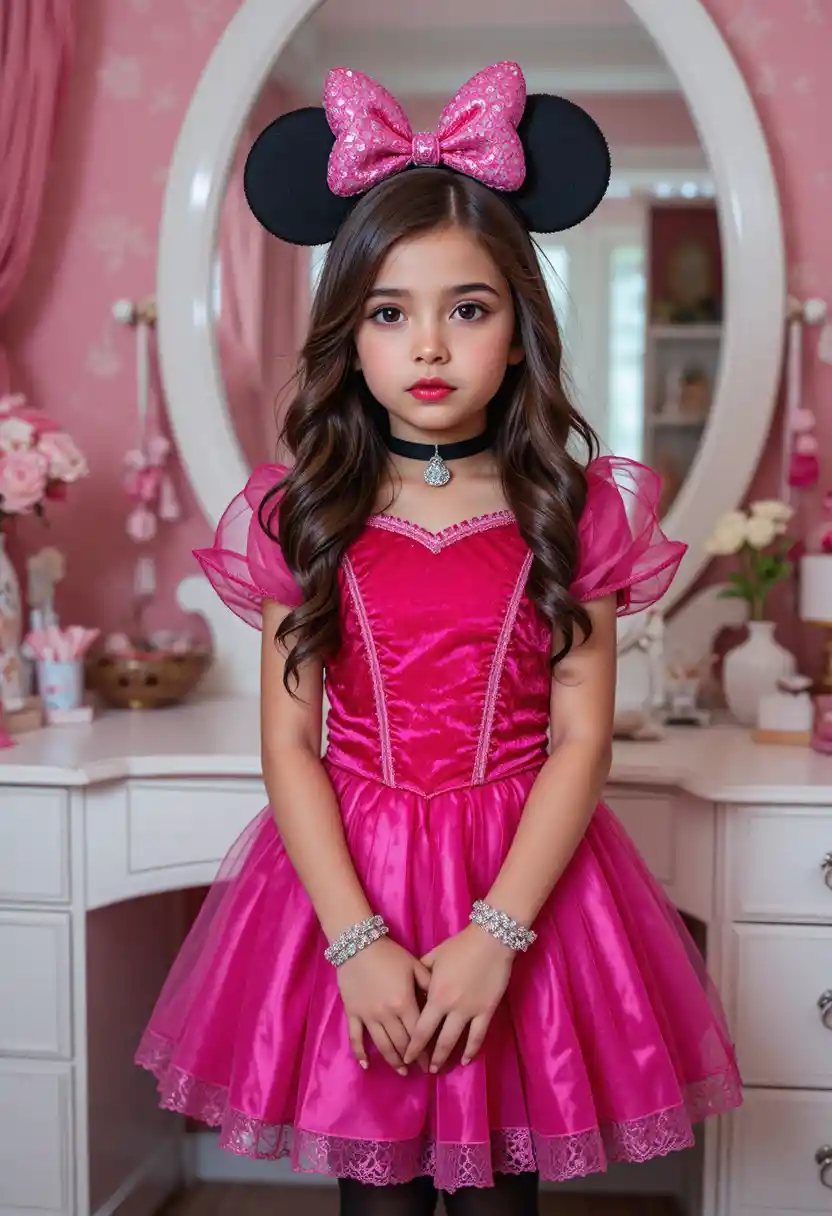 A nervous tween boy in a Minnie Mouse princess costume pouts before a vanity