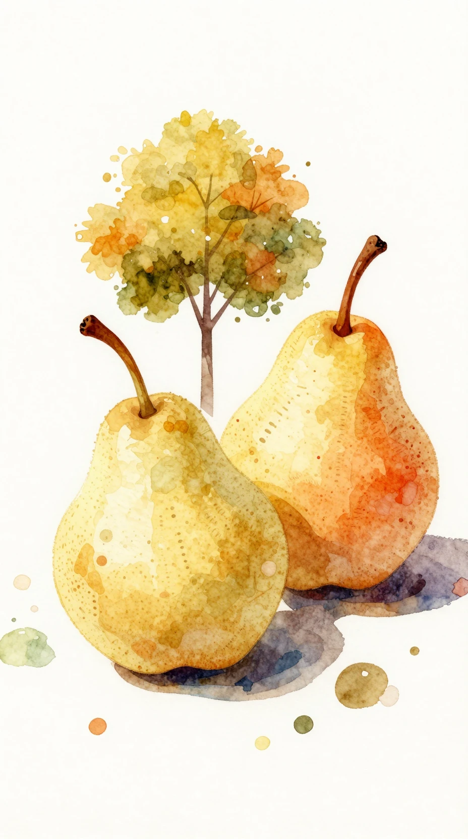 Duas peras em aquarela com cores de outono sobre fundo branco