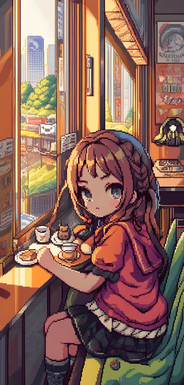 Uma garota em pixel art sentada em um café com um cartaz com texto