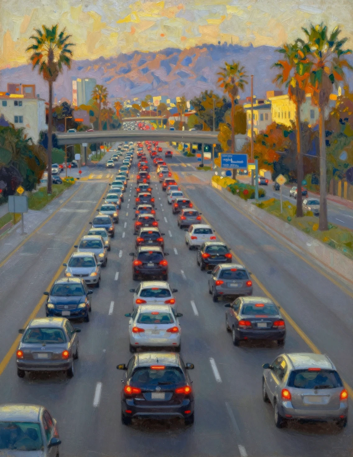 Um congestionamento impressionista se estende por uma rodovia de Los Angeles ao entardecer