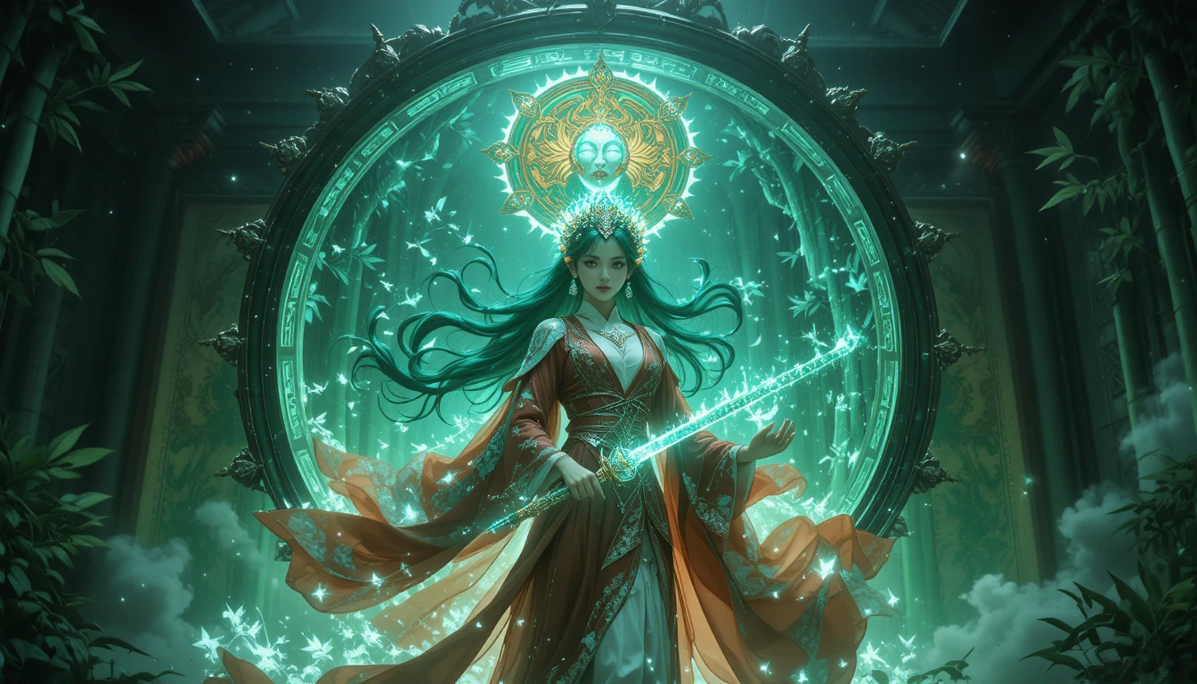 A fantasy swordswoman emerges from an ancient jade scroll